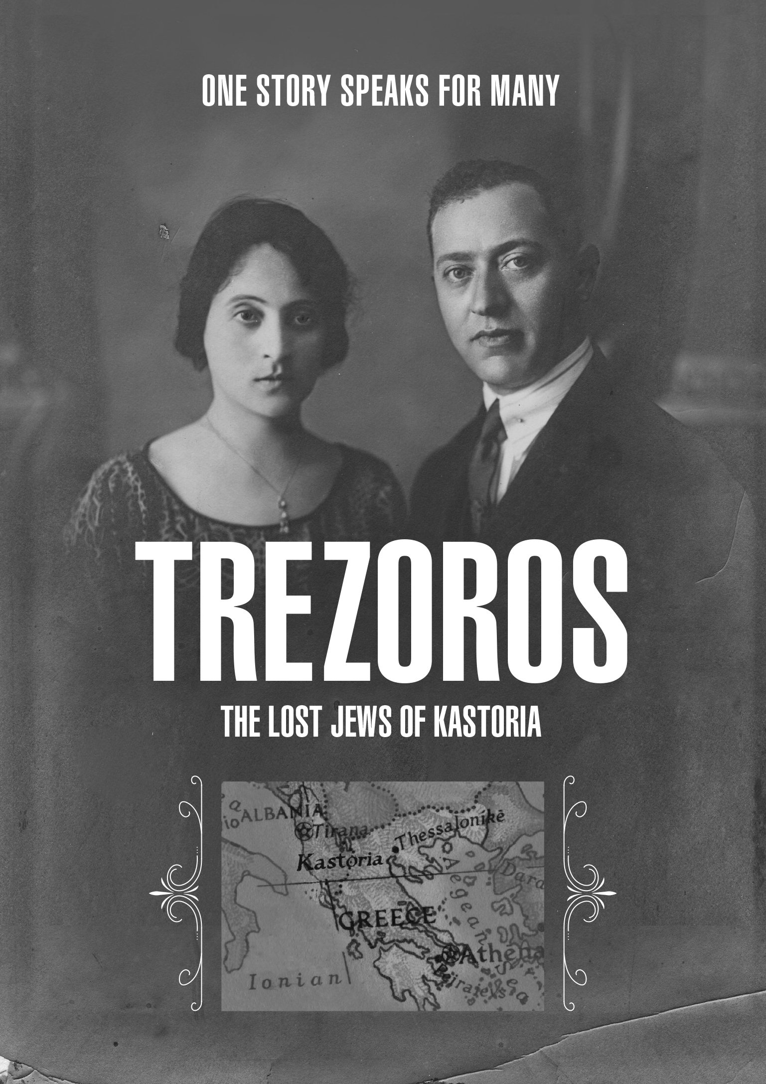 Black and white image of a man and woman with the word Trezoros in white font in the middle