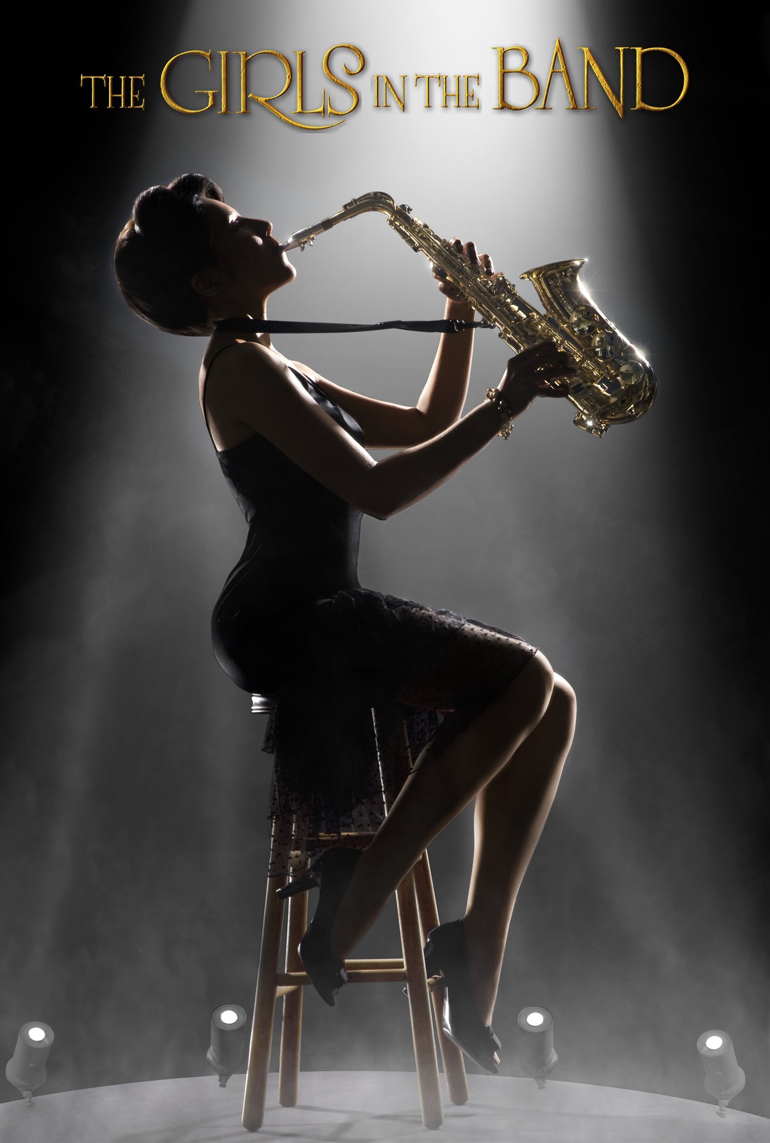 black and white silhouette of woman playing the saxophone 