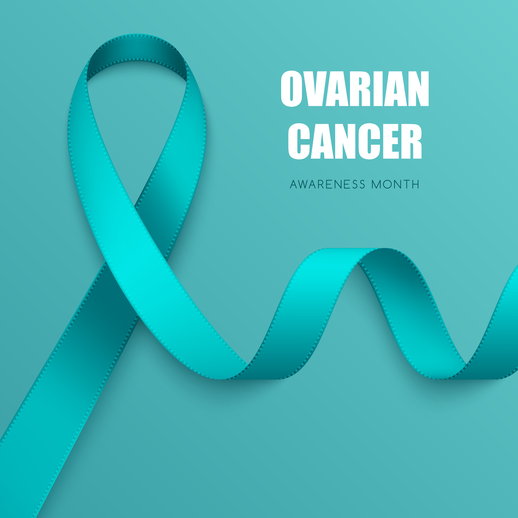 teal ribbon with white text that says ovarian cancer