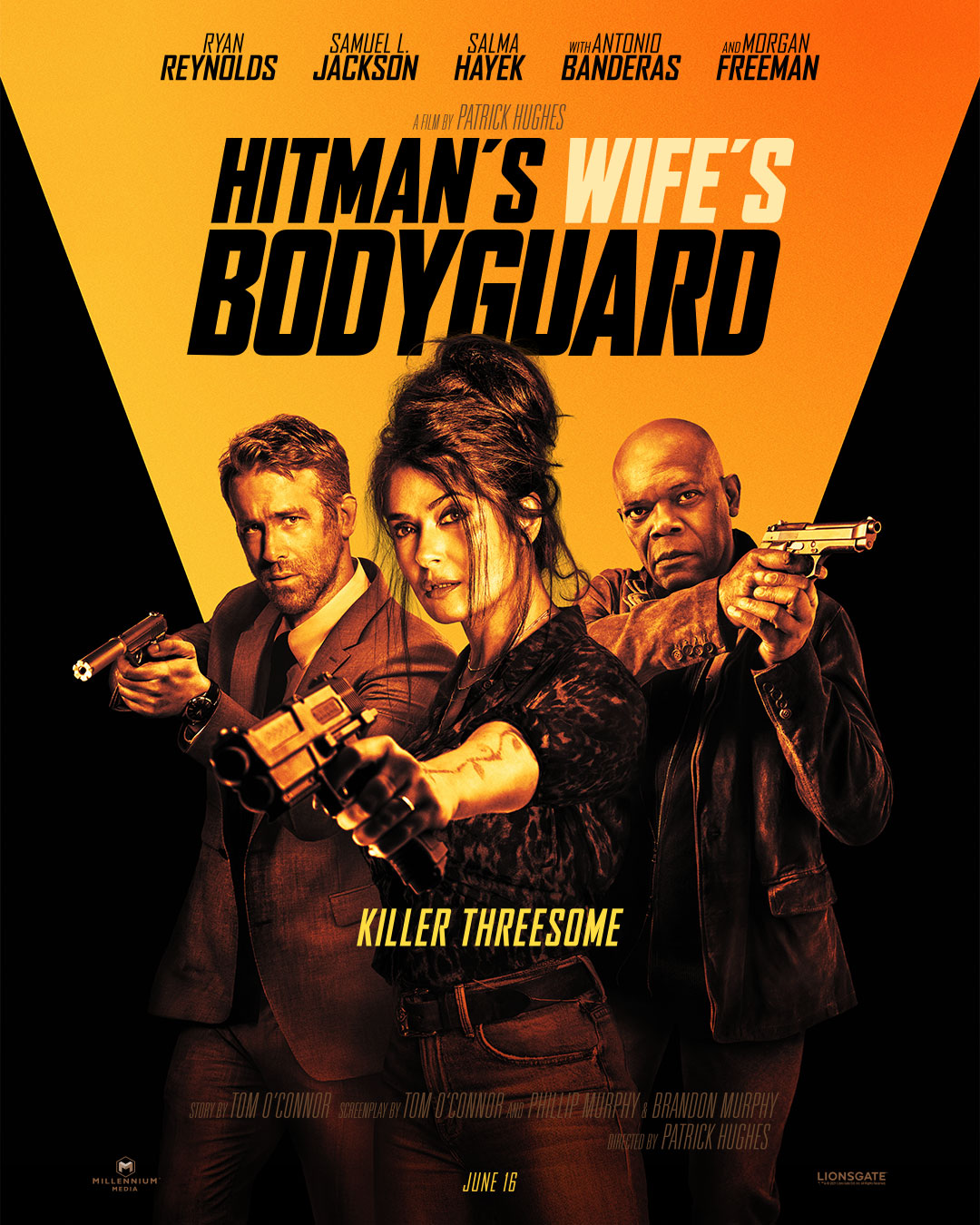 three people with guns facing forward on yellow and black background