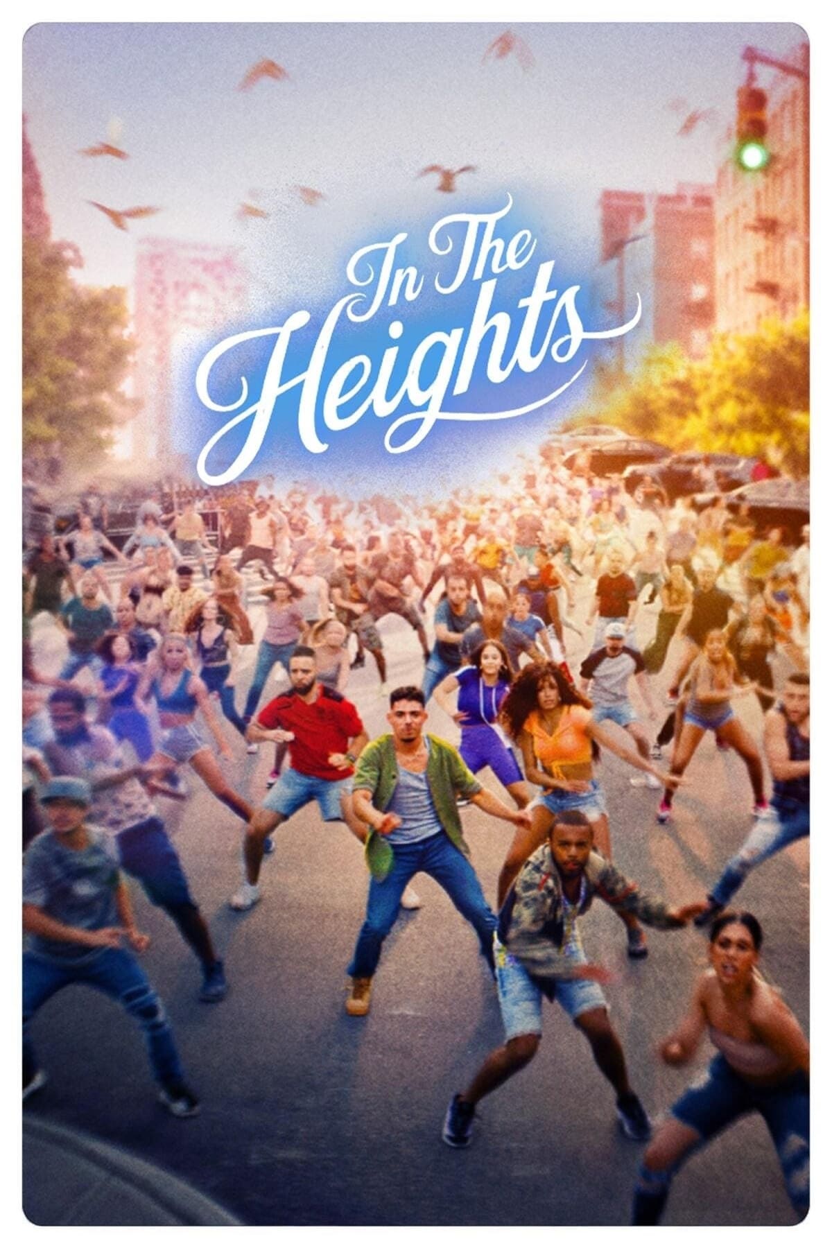 aerial view of people dancing with In the heights written in blue script text at the top