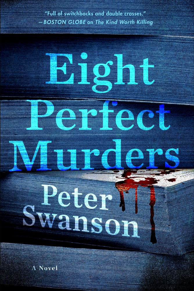 turquoise text reads eight perfect murders on blue wood grain background 
