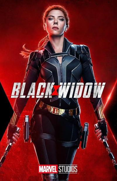 woman dressed in black action outfit in front of red background with black widow written in white font.