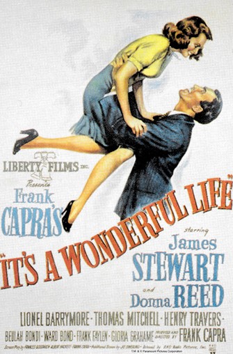 man lifting woman in air with red text across middle that says it's a wonderful life