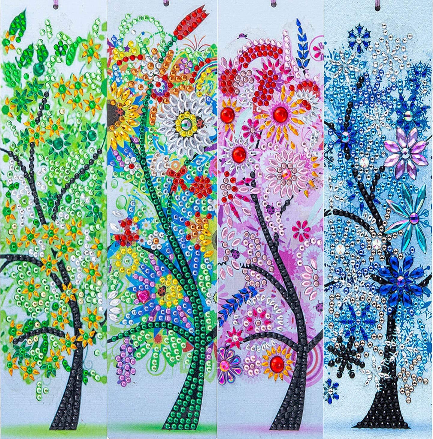 four bookmarks of trees in a rainbow of colors