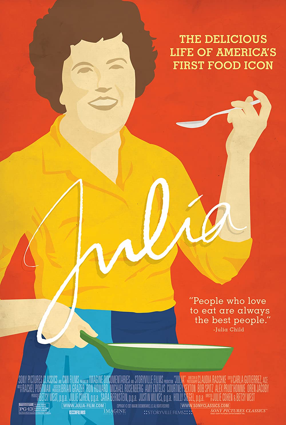 red background with drawing of julia child holding a saucepan and spoon in a yellow shirt