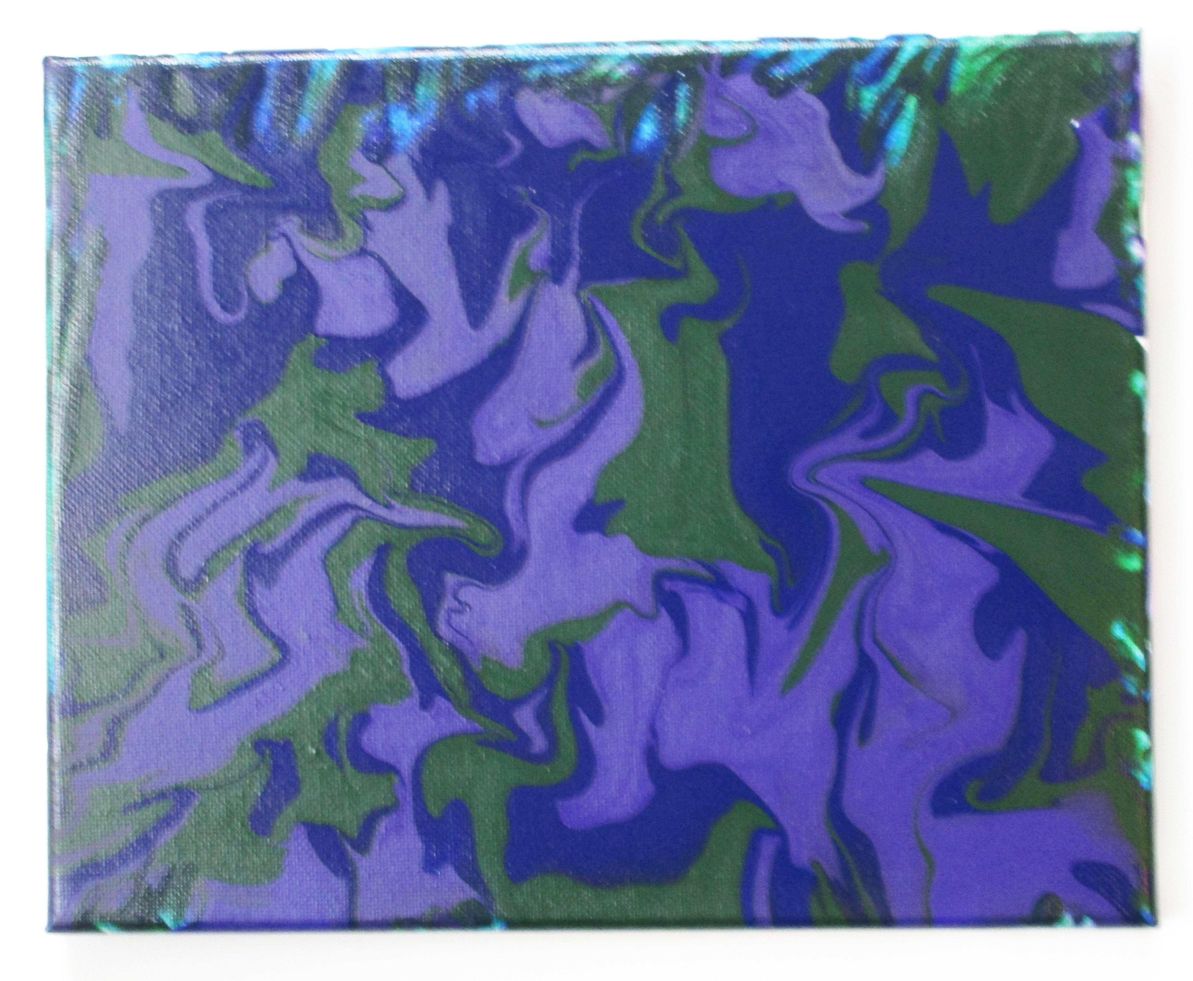 abstract painting with swirls of green, purple, and dark blue