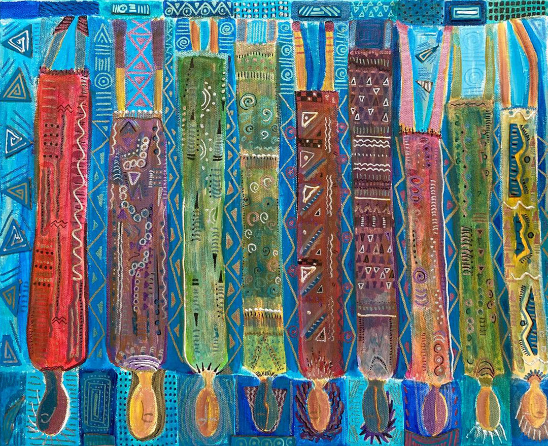 Figures wearing brightly colored robes are featured upside down on a blue background, artwork by Audrey Leonard, titled "Heels Over Head", Acrylic/Mixed Media