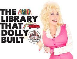 dolly parton in a pink outfit next to black text that says the library that dolly built