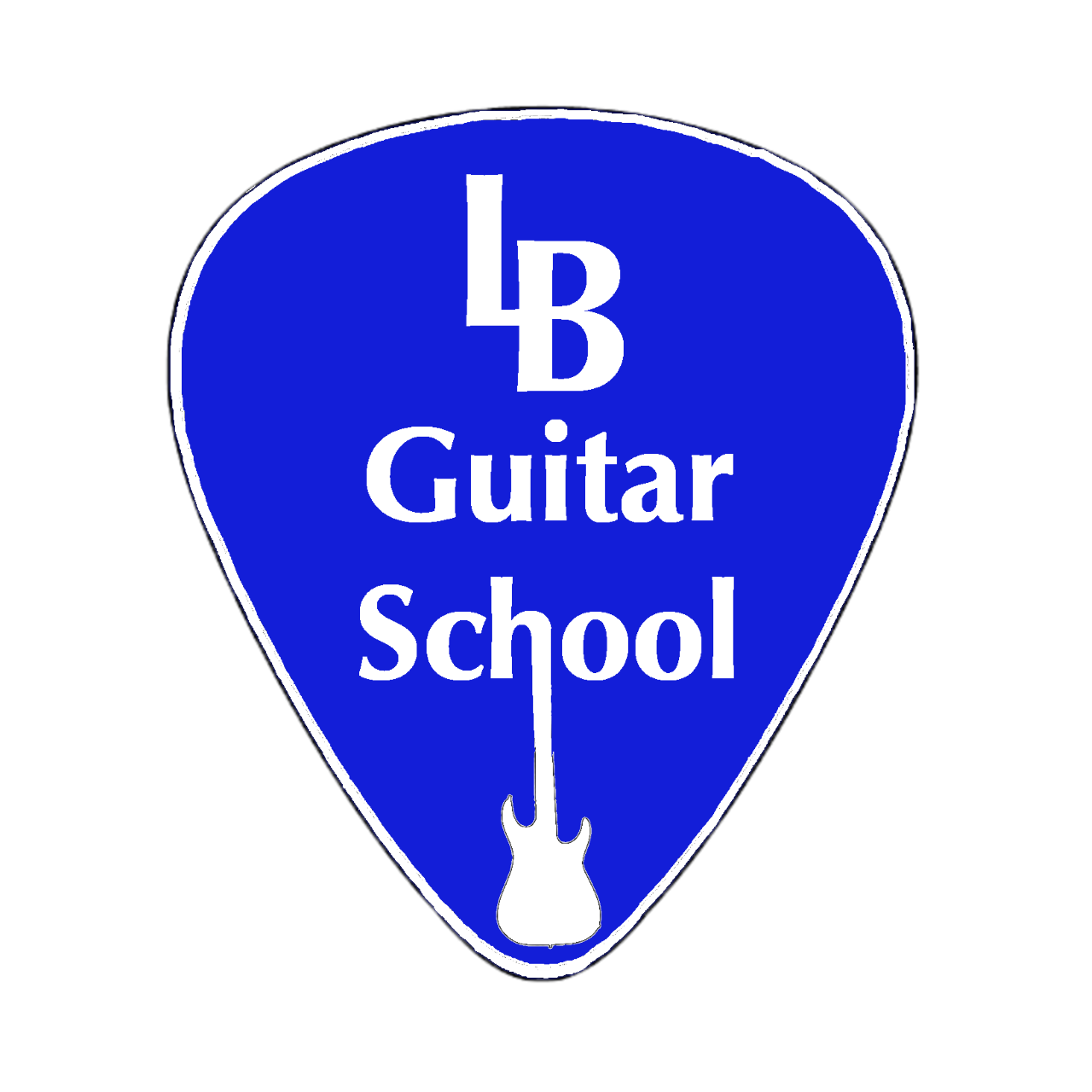 Blue guitar pick with "LB Guitar School" written on it