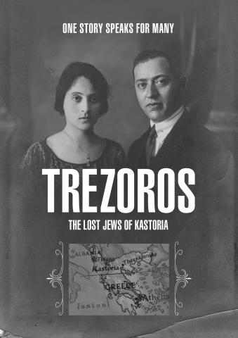 Black and white image of a man and woman with the word Trezoros in white font in the middle