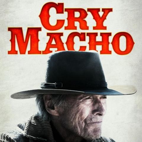 profile of man in cowboy hat with cry macho in red text on top