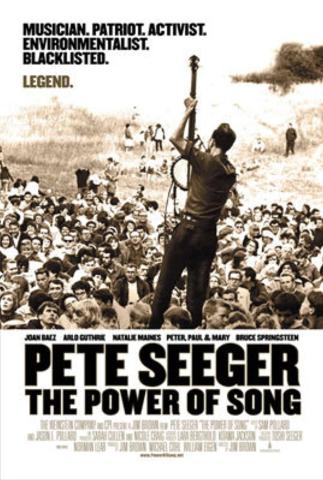 Film poster with Sepia-toned image of Pete Seeger playing the banjo for a crowd