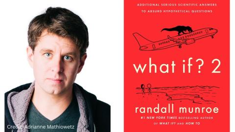 Randall Munroe looking concerned next to the red cover of his book "What If 2"