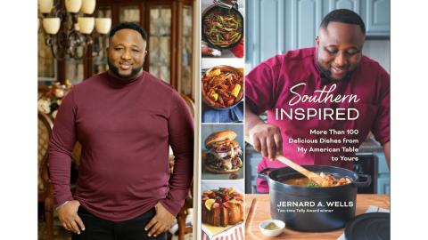 headshot of Jernard Wells next to the cover of his book Southern Inspired (he is cooking at a stovetop on the book cover)