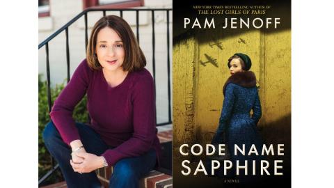 Headshot of Pam Jenoff and the cover of her book Code Name Sapphire featuring a woman from the 40s in a blue jacket