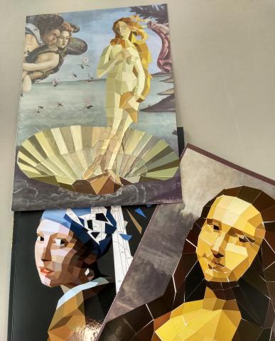 the Mona Lisa, Girl with a Pearl Earring, and Botticelli's Venus recreated with stickers