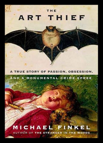 book cover with a bat and painting of man in red coat underneath