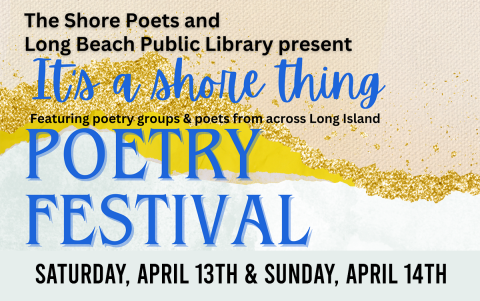 It's a shore thing poetry festival title over a beach scene