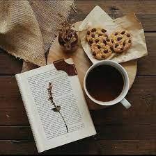 aerial view of book cup of tea and cookies on brown table