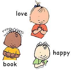 cartoon babies signing the words "Love", "Book", "Happy".