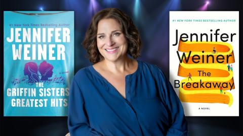 Jennifer Weiner in a blue blouse next to the her two books