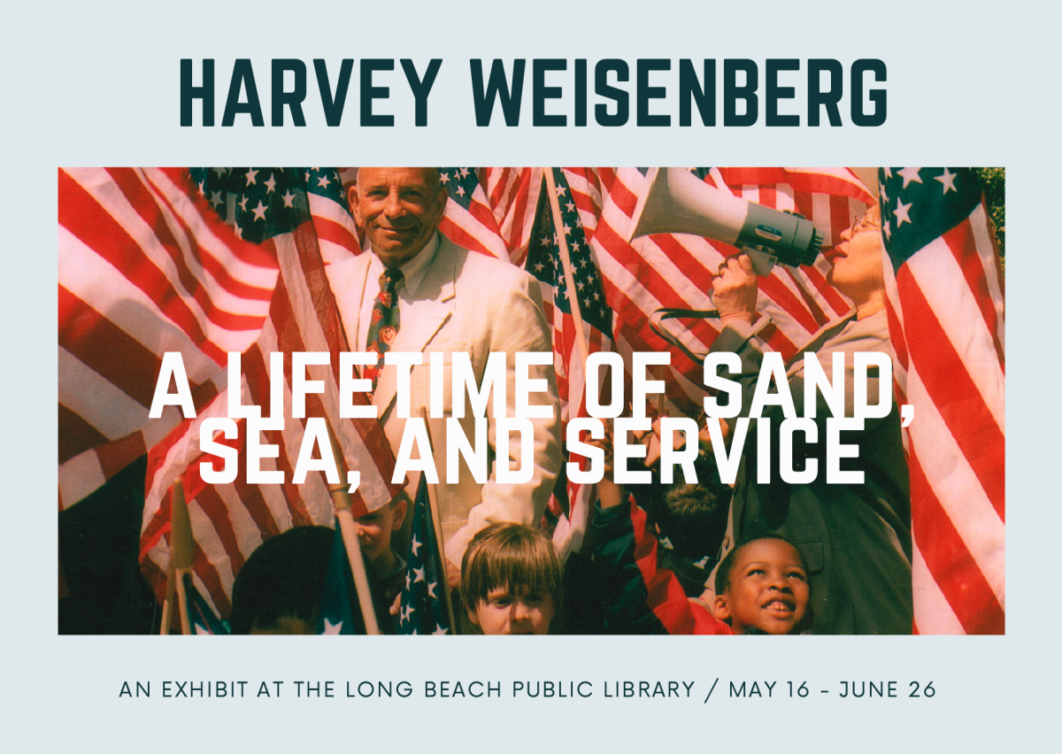 An image of Harvey Weisenberg with a group of children surrounded by American flags