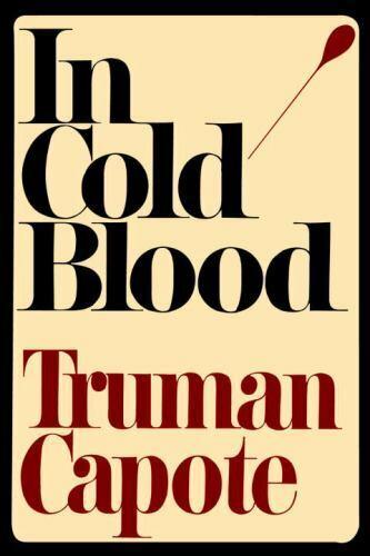 book cover with black text of in cold blood and truman capote in red text.