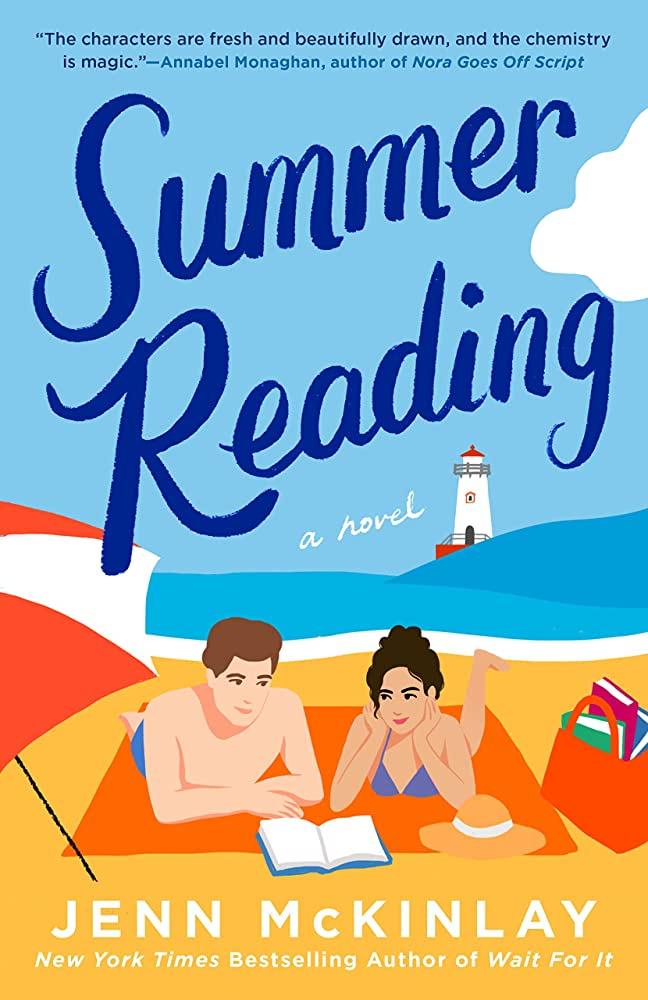 two people on the sand blue skies and summer reading written in blue letters