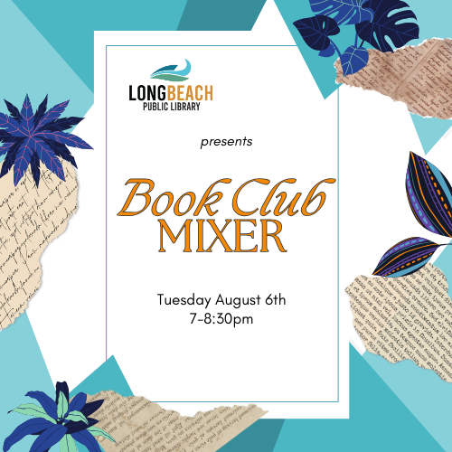 yellow text that says book club mixer on turquoise flowered background