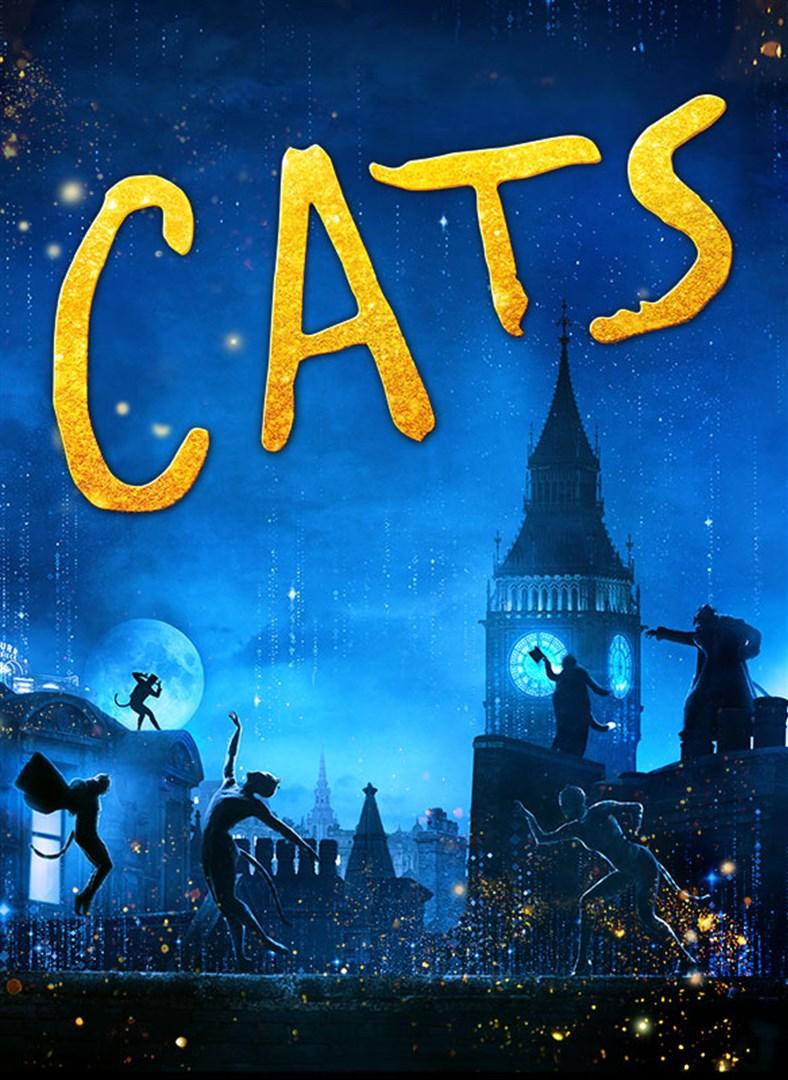 night time blue sky scene with cats written in yellow