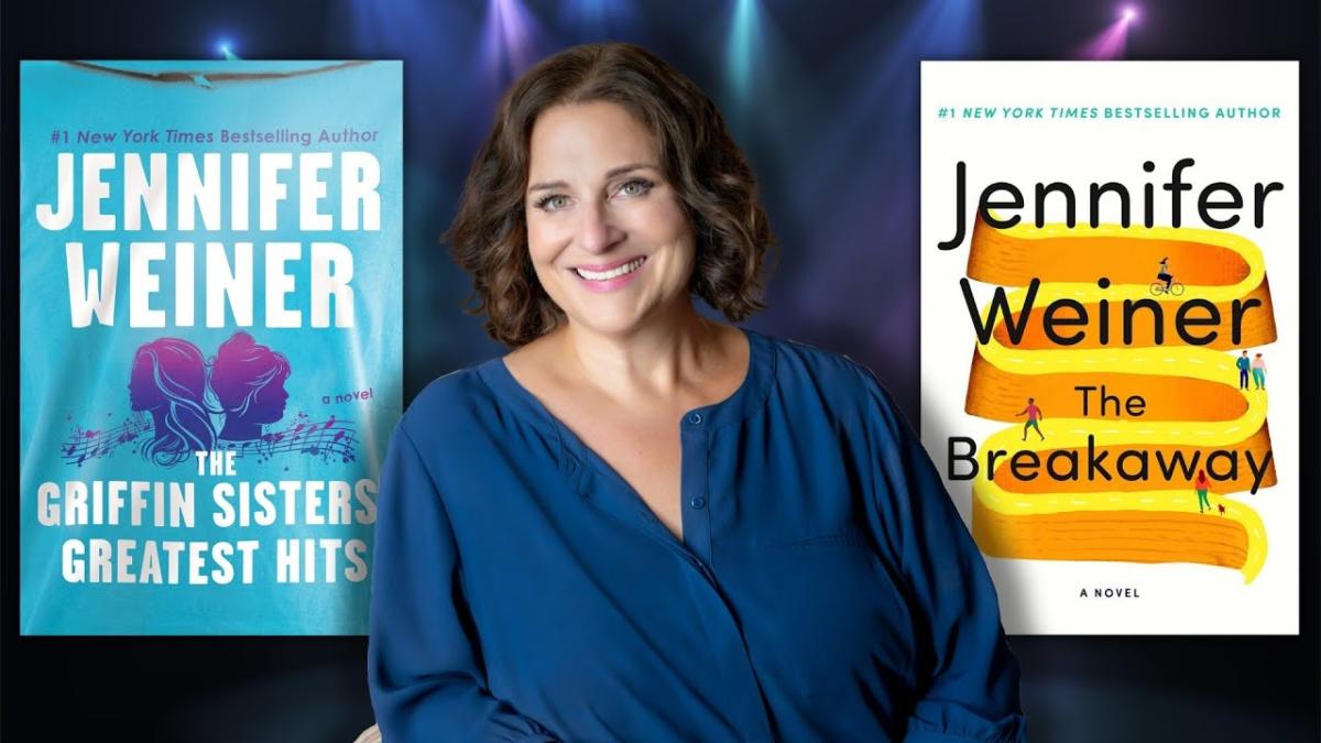 Jennifer Weiner in a blue blouse next to the her two books